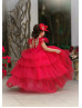 Cap Sleeves Gold Lace Red Tulle High Low Flower Girl Dress